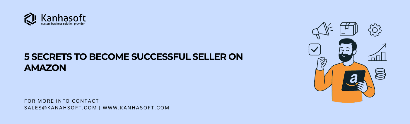 Celebrating Amazon sales success with icons of growth, coins, shipping, and analytics in a white background