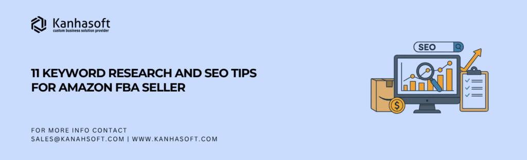 Amazon FBA SEO illustration with analytics, product box, and search optimization elements.