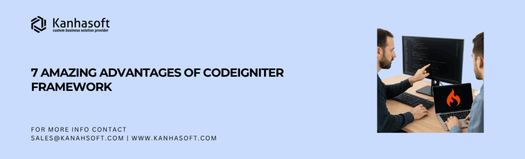 Developer coding with CodeIgniter Framework advantages visual icons on screen