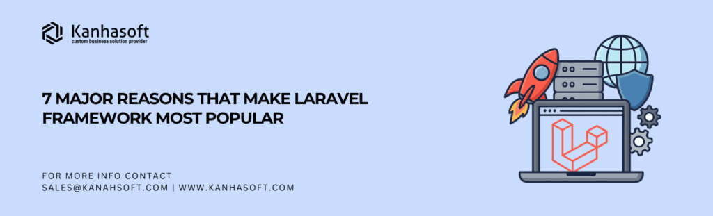 representing the Laravel framework popularity with laptop, Laravel logo, rocket, server, globe, and security elements