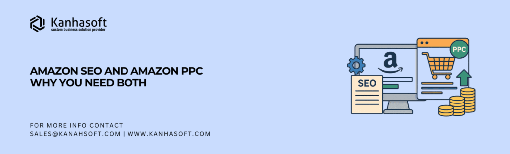Representing Amazon SEO and Amazon PPC strategy with digital marketing icons including a computer screen, shopping cart, SEO document, PPC badge, and rising coins.