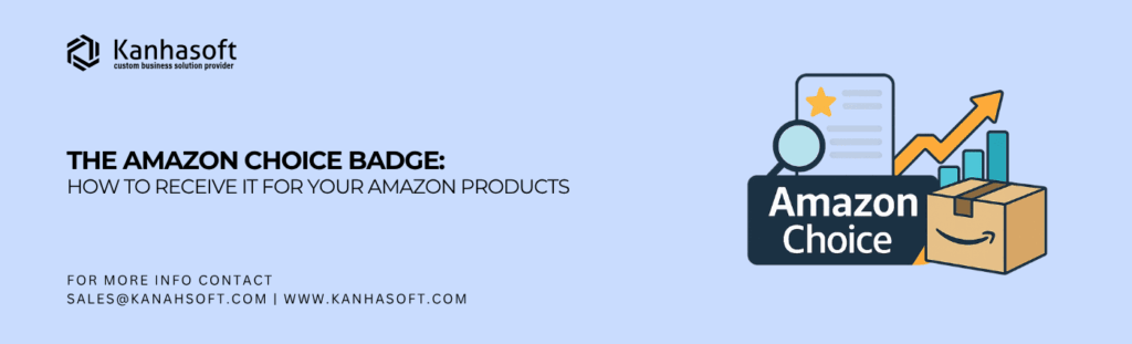 Amazon Choice Badge with shipping box, product optimization graph, and SEO elements representing how to get Amazon Choice Badge through Amazon product optimization, SEO tips, and seller tools.
