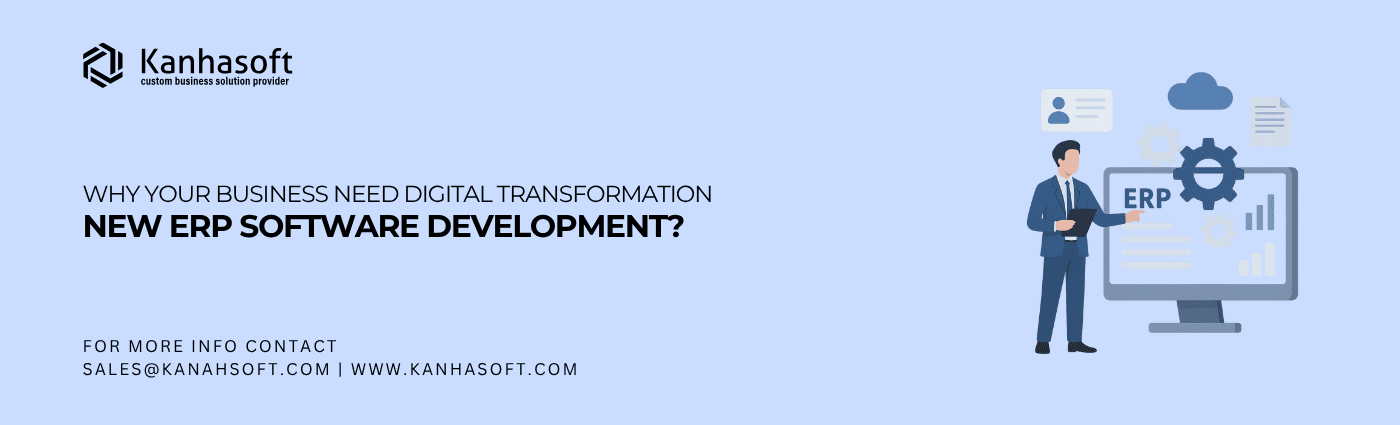 Professional illustration representing ERP digital transformation, featuring a businessman interacting with modern ERP software interface and automation tools.