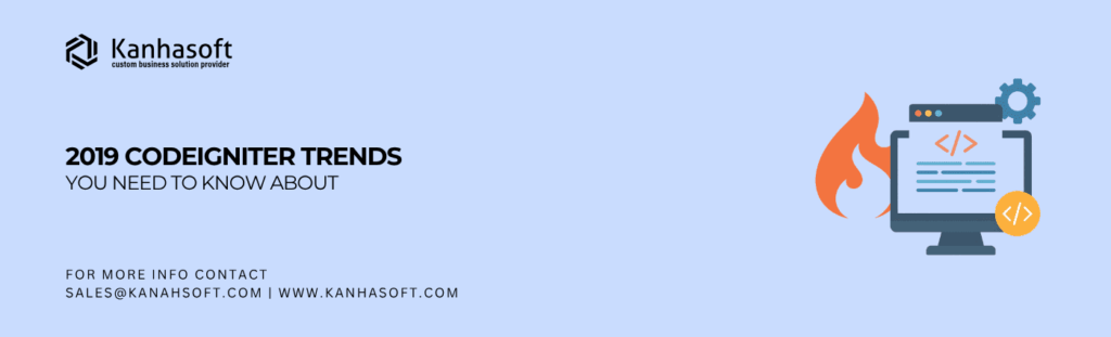 CodeIgniter Trends illustration featuring abstract code elements, gear icons, and web development environment