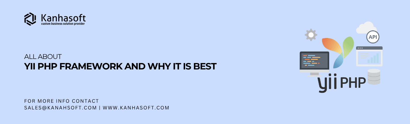 Yii PHP Framework Guide with code editor, database icon, and performance graph