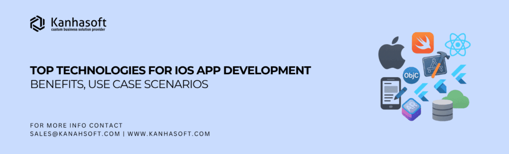 iOS app development technology tools including Swift, Xcode, React Native, Flutter, Objective-C, SwiftUI, ARKit, and CloudKit icons