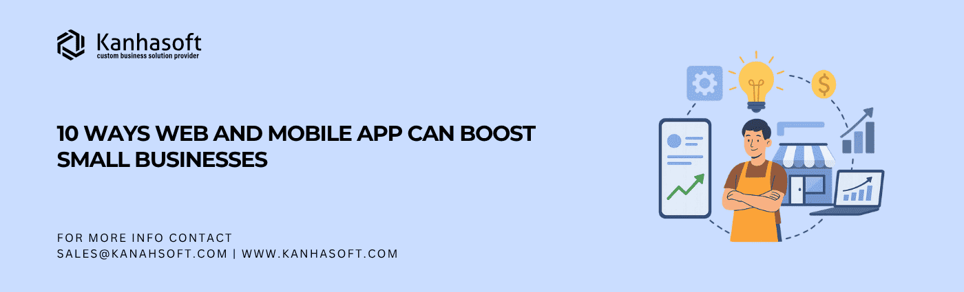 Illustration showing how web and mobile app can boost small businesses in 2022 with digital tools and customer engagement
