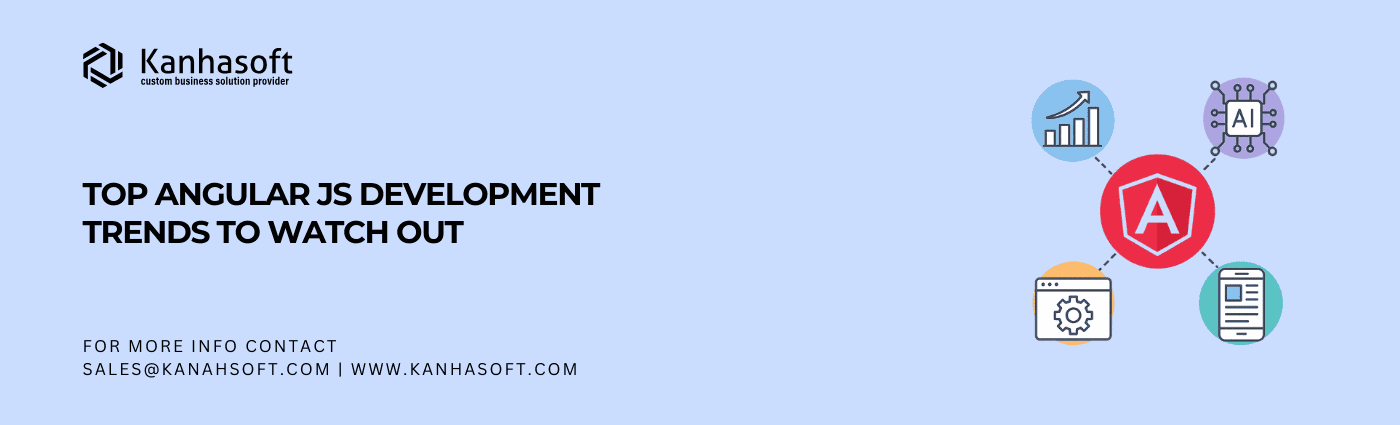 Angular JS Development Trends vector illustration showing growth, AI, tools, and mobile features connected to the Angular logo.