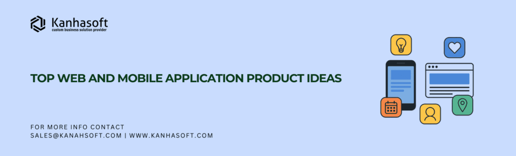 Illustration showing icons of Web and Mobile Application Ideas representing top application product