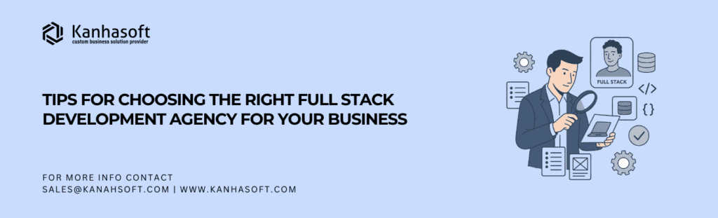 Businessman analyzing full stack development agency options with programming icons representing front-end and back-end technologies