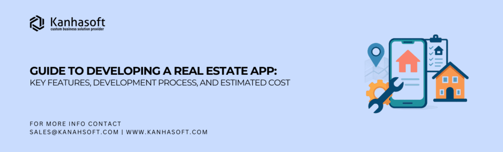 Real estate app development concept with smartphone interface, property listings, interactive map, and user analytics dashboard.