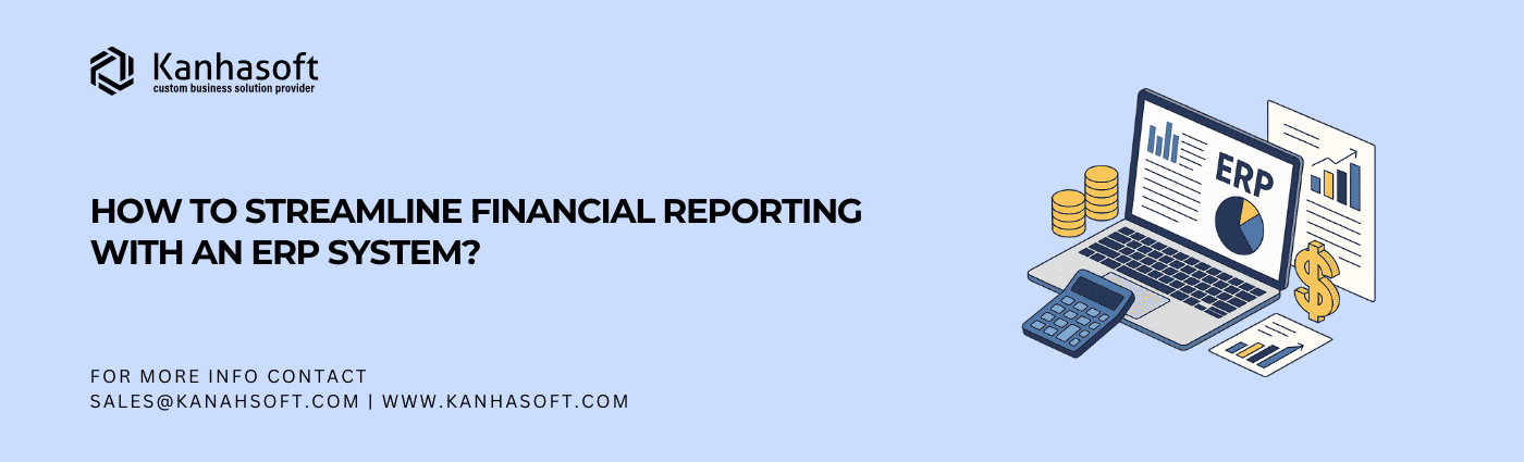 ERP financial reporting system with charts, coins, calculator, and documents symbolizing real-time financial data and analysis