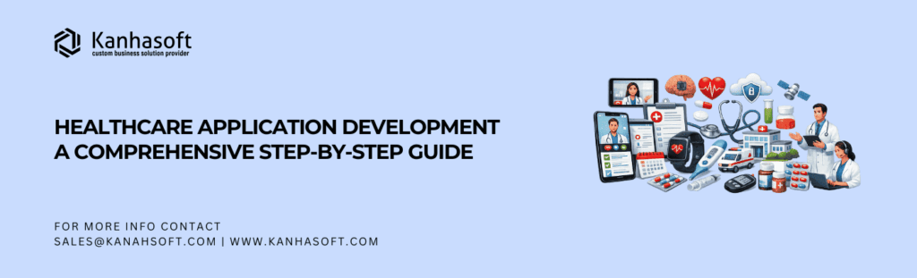 Healthcare application development concept showing digital tools like smartphones with virtual doctors, EHR systems, medical devices, hospital infrastructure, and wearable technology used for modern telemedicine and remote patient monitoring.