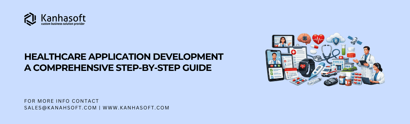 Healthcare application development concept showing digital tools like smartphones with virtual doctors, EHR systems, medical devices, hospital infrastructure, and wearable technology used for modern telemedicine and remote patient monitoring.