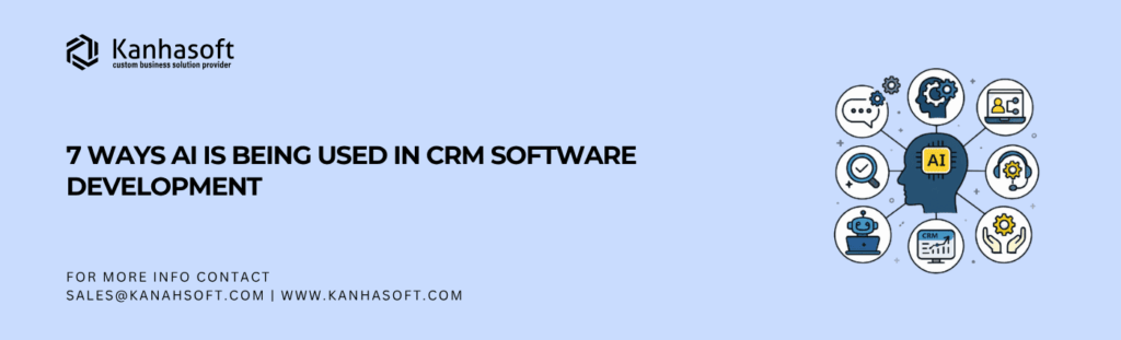 Illustration of AI integration in CRM software showing a human head with AI chip connected to seven icons representing automation, chatbots, analytics, customer support, data management, user profiles, and CRM dashboards.