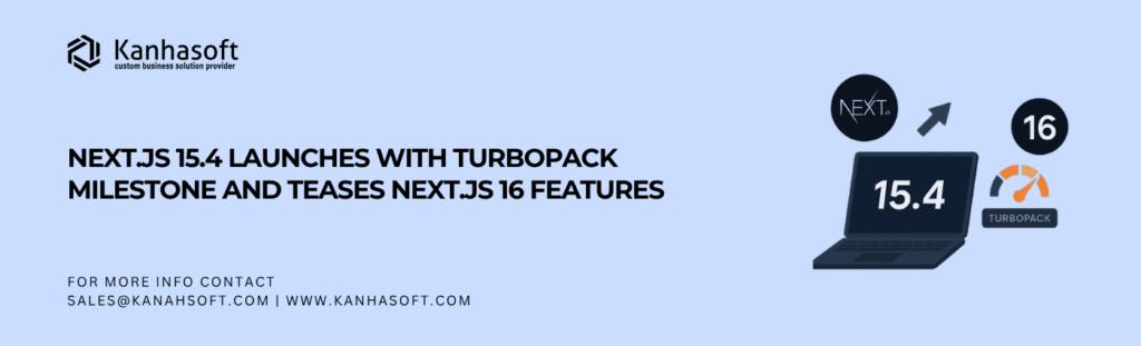 Illustration of a laptop displaying Next.js 15.4, Turbopack performance gauge, and a teaser for Next.js 16 features on a modern blue tech background