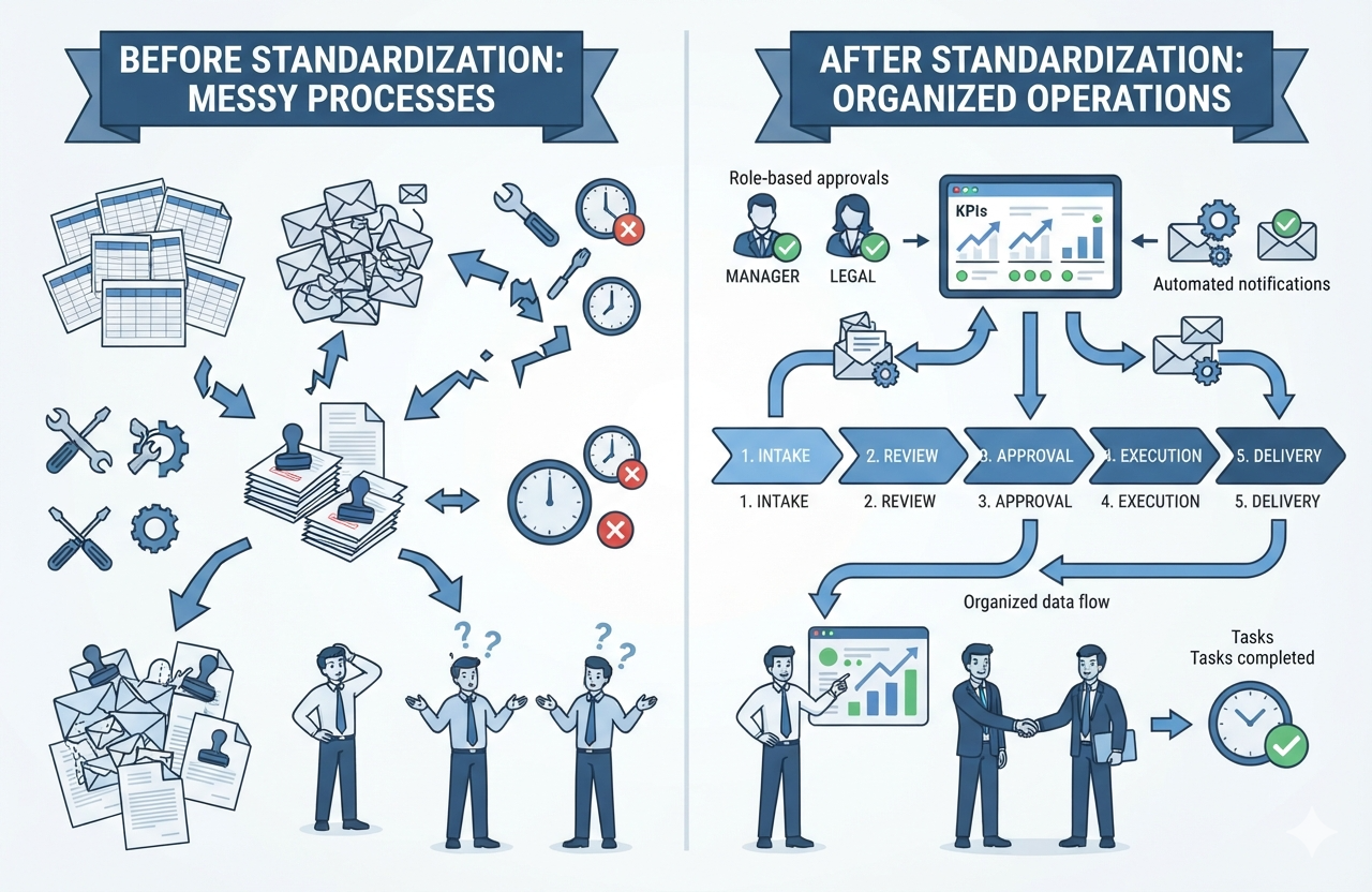 Before and after comparison of messy workflows versus standardized business process