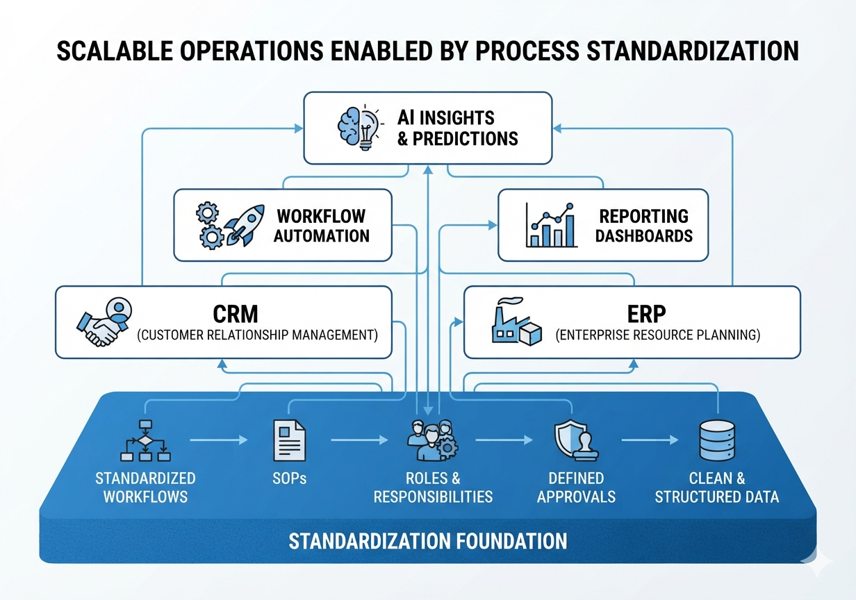 Business process standardization as the foundation for CRM, ERP, automation, reporting, and AI adoption