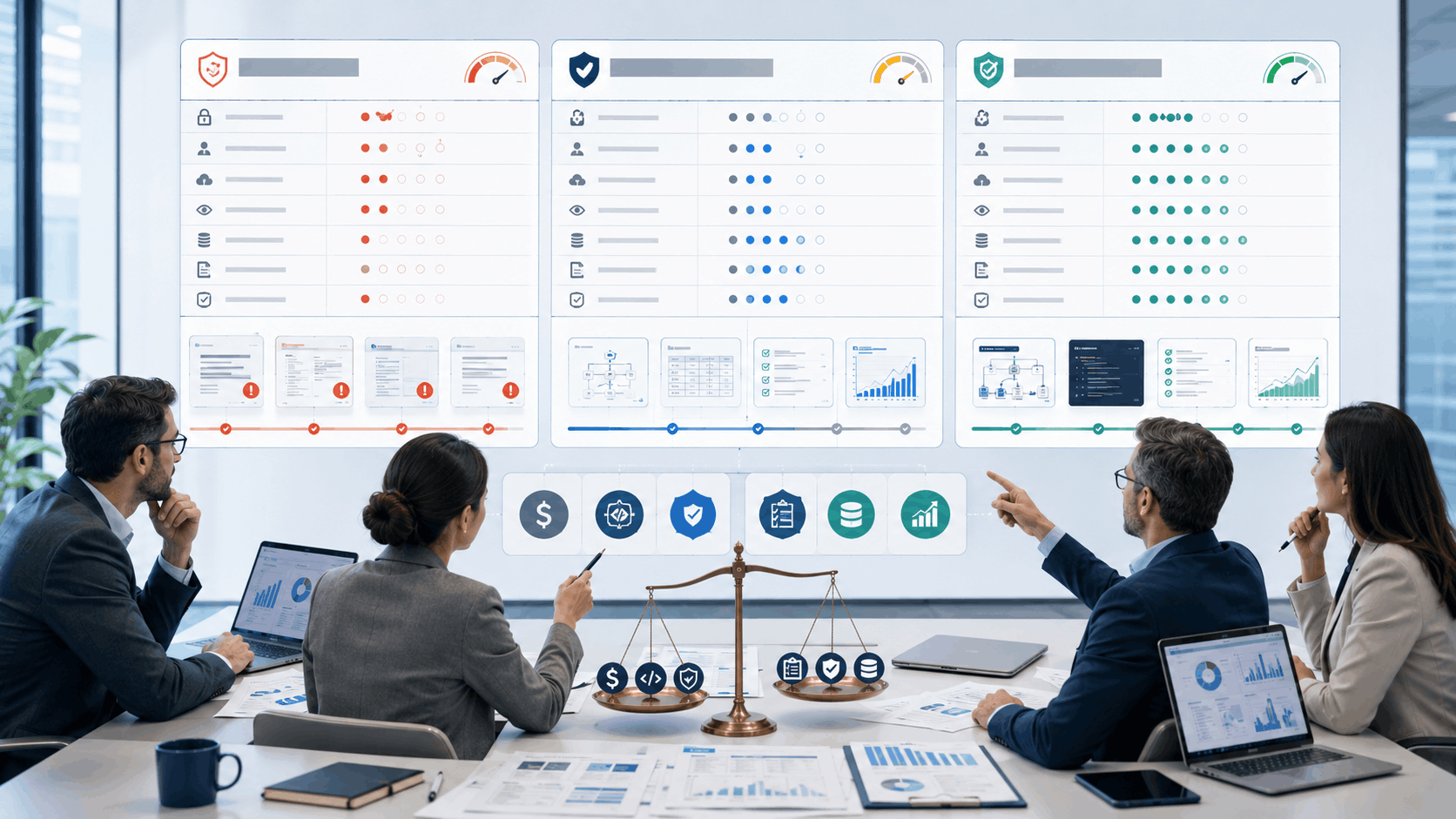 Business team comparing web scraping vendors using security, compliance, quality, and pilot evidence