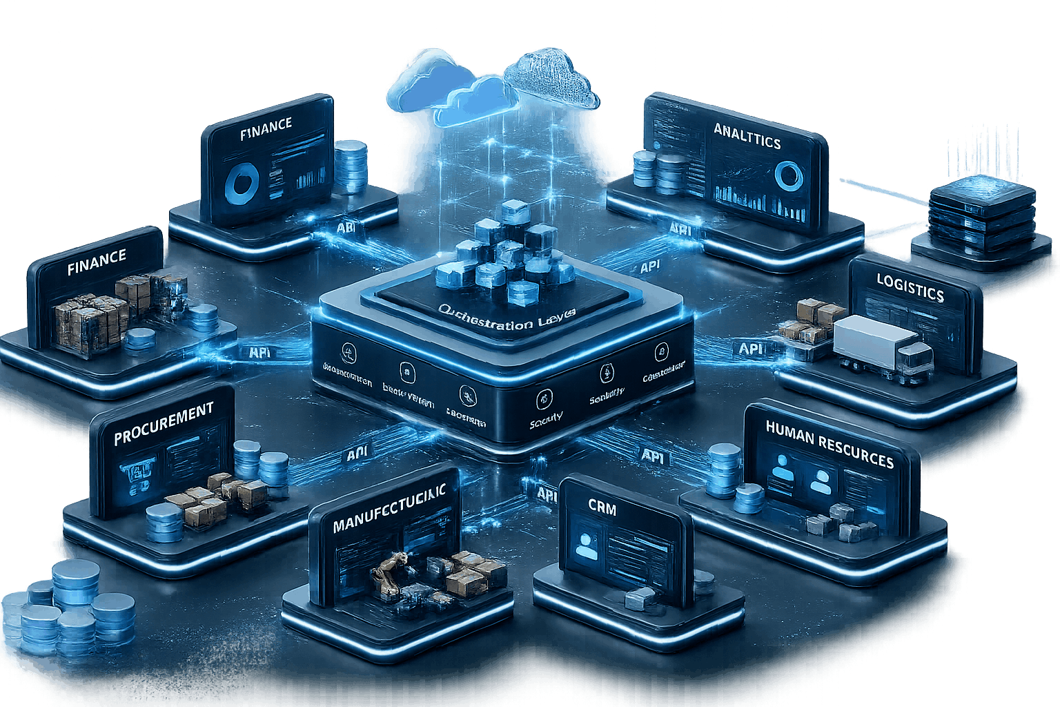 Composable ERP architecture connecting finance, inventory, CRM, manufacturing, logistics, and analytics modules.