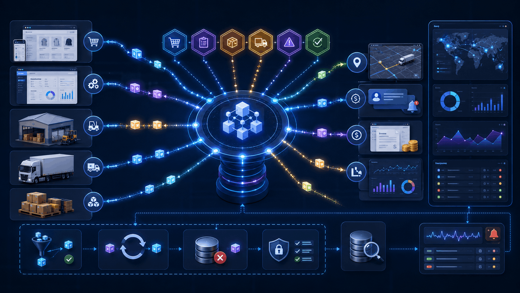 Event-driven ERP architecture connecting logistics systems through an event broker