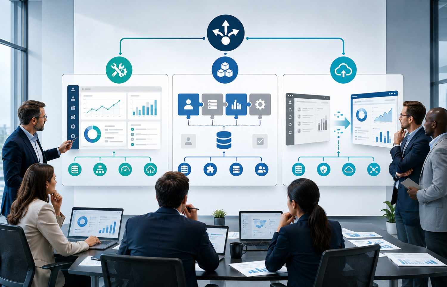 Business leaders comparing whether to repair, partially rebuild, or replace a failed CRM system