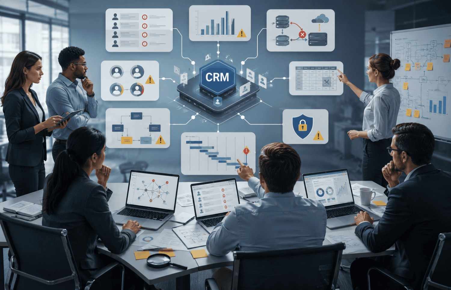 CRM consultants diagnosing data, workflow, integration, and user-adoption problems in a failed