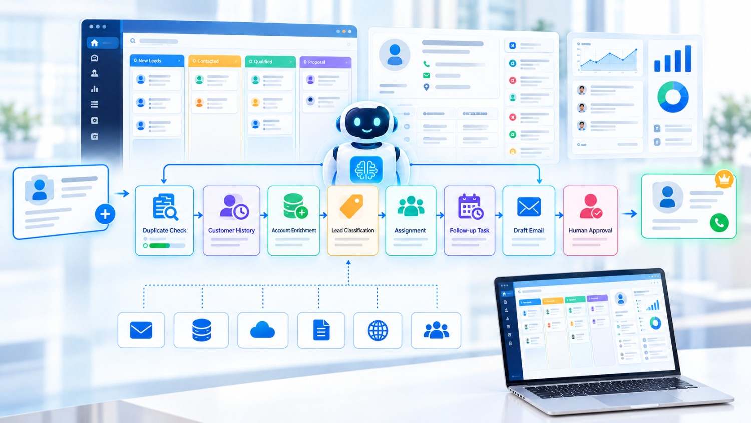 AI agent automating CRM lead qualification, routing, follow-up, and sales workflow