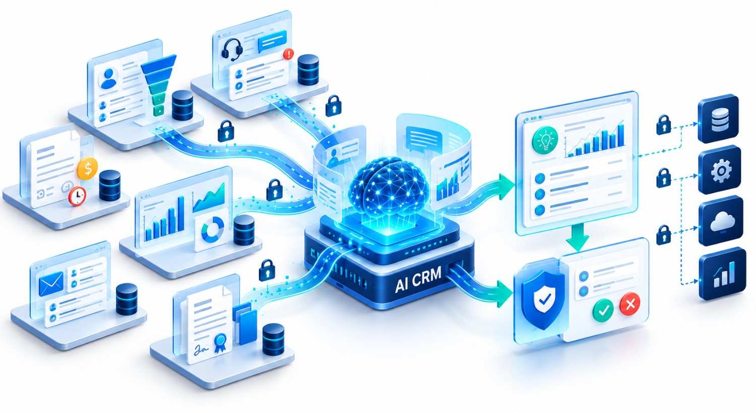AI CRM software integrating customer data, sales, support, analytics, and business workflows with AI-powered recommendations and human approval