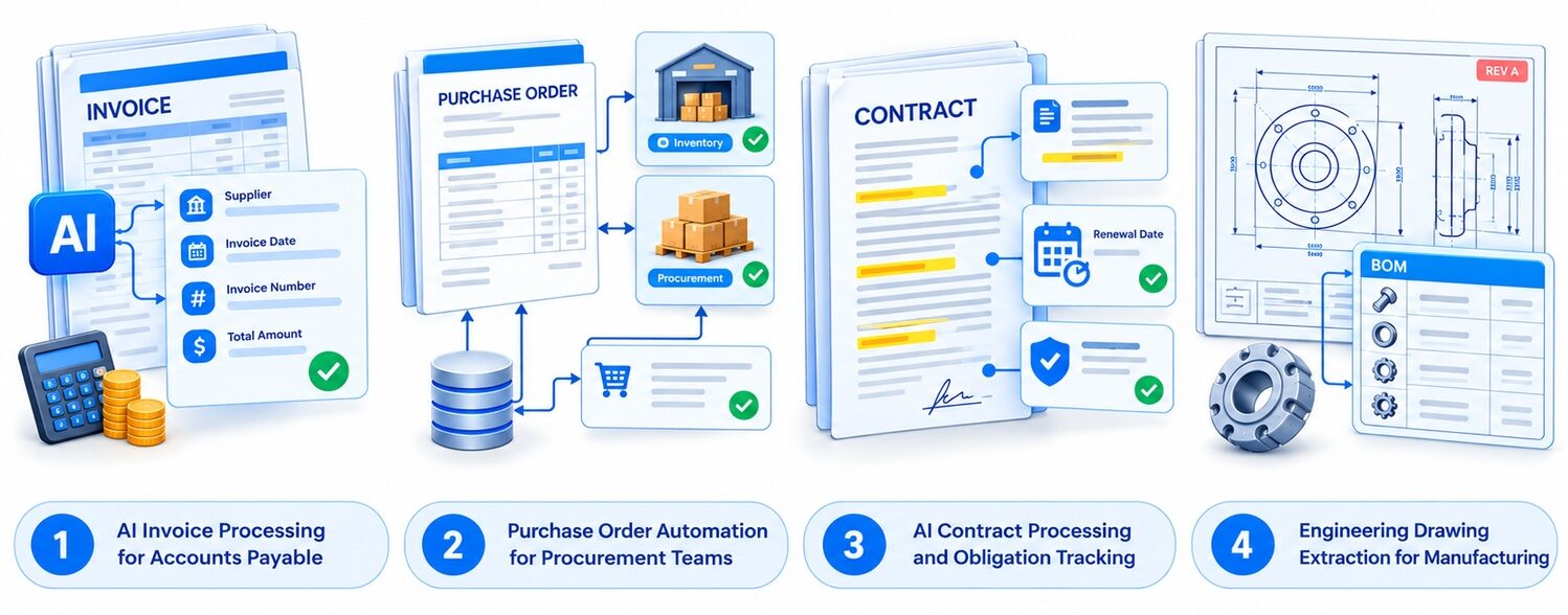AI document processing applications for invoices, purchase orders, contracts, and engineering drawings