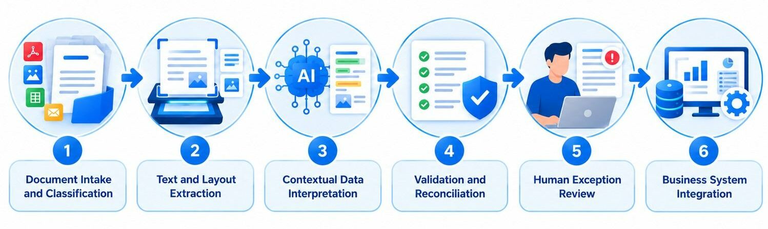 Six-stage AI document processing workflow from intake and extraction to validation and ERP integration